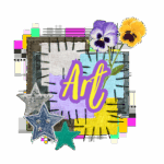"Art". Text has a background of square and star shaped fabric patches, vintage TV glitching, and two pansy flowers, one purple, the other yellow.