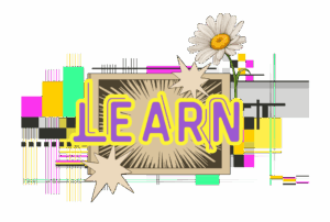 "Learn". Text has a background of comic book explosions in sepia, vintage TV glitching, and a white marguerite flower.