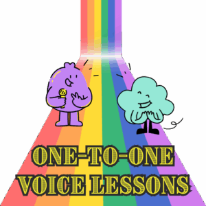 Text reads "one-to-one voice lessons" in a bold yellow font with black horizontal lines through it. Background is a rainbow strip styled like a backdrop with floor. There are two simple illustrations of characters, one is round and purple, holding a yellow microphone. They are smiling and doing a peace sign with their hand. The other is shaped a little like a cloud and is turquoise. They are smiling proudly.