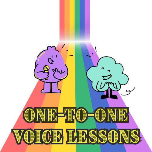 Text reads "one-to-one voice lessons" in a bold yellow font with black horizontal lines through it. Background is a rainbow strip styled like a backdrop with floor. There are two simple illustrations of characters, one is round and purple, holding a yellow microphone. They are smiling and doing a peace sign with their hand. The other is shaped a little like a cloud and is turquoise. They are smiling proudly.