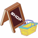 A wooden A-frame with the word SHOP on it. A yellow and turquoise shopping basket is in front of the A-frame.