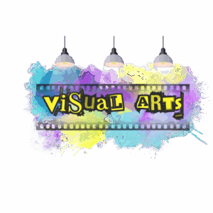 text reads "visual arts" in a funky varied font. Background is a film reel with watercolour paint splatters on and around it in purple, yellow, and turquoise. Above this are three hanging lamps with beams shining down on the text.