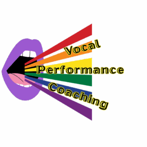 text reads "vocal performance coaching". There is a mouth with purple lips which is open and has rainbow rays coming out of it, which has the text over it.