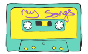 text reads "my songs" in purple handwriting on a graphic of a yellow and turquoise audio cassette tape