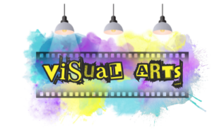 text reads "visual arts" in a funky varied font. Background is a film reel with watercolour paint splatters on and around it in purple, yellow, and turquoise. Above this are three hanging lamps with beams shining down on the text.