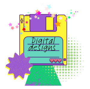 Text reads: "digital designs" in a handwritten font on an image of a floppy disk. Around it are stars, and retro style graphics.