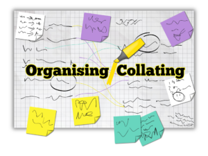 Text reads: "organising/collating". The foward slash in between the two words is yellow and has a graphic of a highlighter pen above it. Behind the text is a large piece of white grid paper with many squiggles on it, simulating the look of hand written notes. Dotted around the edges are sticky notes of purple, yellow, white, and turquoise all with various squiggles on them. 