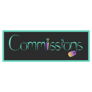 Text reads: "commissions". It is styled as joined up handwriting. The first i is a microphone, the second i is a sewing needle, and off the last s is a computer mouse