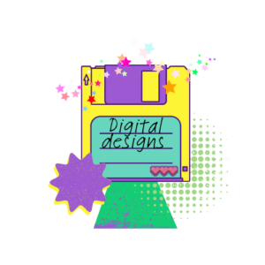 Text reads: "digital designs" in a handwritten font on an image of a floppy disk. Around it are stars, and retro style graphics.