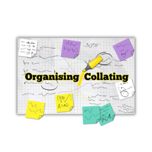 Text reads: "organising/collating". The foward slash in between the two words is yellow and has a graphic of a highlighter pen above it. Behind the text is a large piece of white grid paper with many squiggles on it, simulating the look of hand written notes. Dotted around the edges are sticky notes of purple, yellow, white, and turquoise all with various squiggles on them.